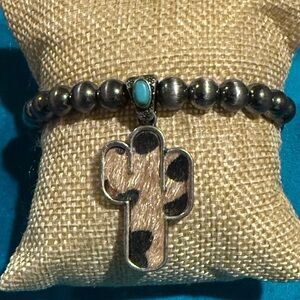 Cactus Pendant Beaded Bracelet in Brown and Black Leopard Print Turquoise Accent